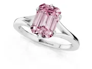 Fancy Pink Emerald Cut Diamond Solitaire Ring Set in Silver with Polished Tapered Band and Prong Setting