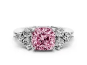 Fancy Pink Cushion Cut Diamond Solitaire Ring Set in Silver with Cluster Accents on Each Side