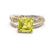Fancy Yellow Asscher Cut Diamond Solitaire Twist Band Ring Set in Yellow gold with Pavé Setting and Prong Head
