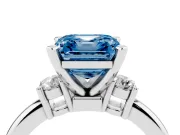 Fancy Blue Three-Stone Asscher Cut Diamond Ring Set in Silver with Prong Setting and Plain Band