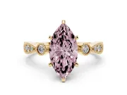 Fancy Pink Marquise Cut Diamond Solitaire Engagement Ring Set in Yellow gold with Milgrain Bezel Accent Band