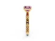 Fancy Pink Asscher Cut Diamond Solitaire Ring Set in Yellow gold with Milgrain and Black Enamel X Pattern Band