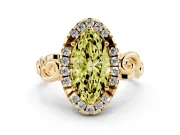 Fancy Yellow Marquise Cut Diamond Halo Ring Set in Yellow gold with Scrollwork Band and Prong Setting