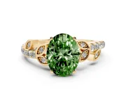 Fancy Green Oval Cut Diamond Solitaire Leaf-Inspired Ring Set in Yellow gold with Pavé Band and Prong Setting