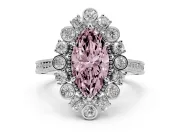 Fancy Pink Marquise Cut Diamond Halo Milgrain Pavé Ring Set in Platinum with Prong Setting