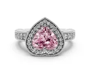 Fancy Pink Heart Cut Diamond Halo Ring Set in Platinum with Round Accent Halo, Pavé Band and Prong Setting