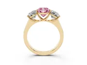 Cushion Cut Three Stone Engagement Ring Setting for a Fancy Pink Lab-Grown Diamond | Basket Prong Heads | Yellow Gold