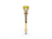 Fancy Yellow Three-Stone Cushion Cut Diamond Pavé Band Ring Set in Yellow gold with Prong-Set Trio