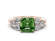 Fancy Green Asscher Cut Diamond Cluster Ring Set in Rose gold with Round Accent Stones and Prong Setting on a Plain Band