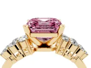 Fancy Pink Asscher Cut Diamond Cluster Engagement Ring Set in Yellow gold with Pavé Band and Prong Setting