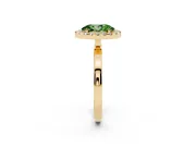 Fancy Green Oval Cut Diamond Halo Solitaire Ring Set in Yellow gold with Pavé Band and Prong Setting