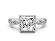 Princess Cut Diamond Vintage-Inspired Milgrain Ring Set in Platinum with Marquise Stations of Round Accents