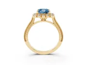 Fancy Blue Princess Cut Diamond Halo Milgrain Pavé Ring Set in Yellow gold with Prong Setting