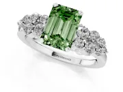 Fancy Green Emerald Cut Diamond Cluster Engagement Ring Set in White gold with Pavé Band and Prong Setting