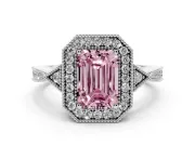 Fancy Pink Emerald Cut Diamond Halo Engagement Ring Set in White gold with Milgrain Pavé Band