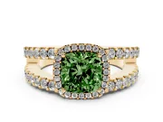 Fancy Green Cushion Cut Diamond Halo Ring Set in Yellow gold with Pavé Split Shank and Prong Setting