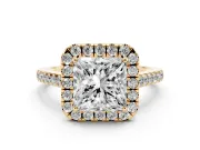 Princess Cut Halo Engagement Ring Setting | Pave Shoulders | Yellow Gold