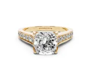 Cushion Cut Graduated Pavé Solitaire Engagement Ring Setting | Wide Pavé Row Band | Yellow Gold