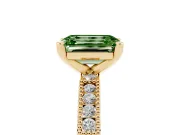 Fancy Green Emerald Cut Diamond Solitaire Ring Set in Yellow gold with Slim Pavé Band and Prong Setting