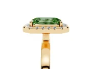 Fancy Green Emerald Cut Diamond Halo Solitaire Ring Set in Yellow gold with Pavé Band and Prong Setting