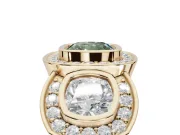 Cushion Cut Three Stone Halo Engagement Ring Setting for a Fancy Green Lab-Grown Diamond | Bezel Set | Yellow Gold