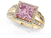 Princess Cut Halo Engagement Ring Setting for a Fancy Pink Lab-Grown Diamond | Two-Row Pave Split Shank | Yellow Gold