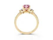 Fancy Pink Three-Stone Cushion Cut Diamond Pavé Band Ring Set in Yellow gold with Prong Setting