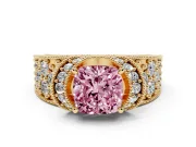 Fancy Pink Cushion Cut Diamond Milgrain Halo Pavé Engagement Ring Set in Yellow gold with Prong Setting