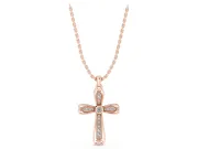Round Lab-Grown Diamond Bezel Milgrain Cross Pendant Necklace | Scrolled Outline | Rose Gold