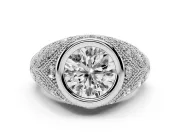 Round Cut Diamond Bezel Ring Set in White gold with Milgrain Accent Band