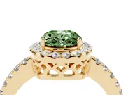 Fancy Green Oval Cut Diamond Pavé Band Halo Engagement Ring Set in Yellow gold with Prong Setting