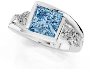 Fancy Blue Princess Cut Diamond Bezel Bypass Ring Set in White gold with Round Accents