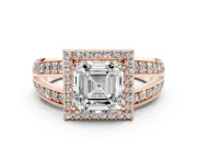 Asscher Cut Halo Engagement Ring Setting | Two-Row Pave Split Shank | Rose Gold