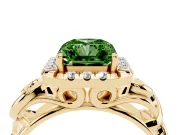 Fancy Green Radiant Cut Diamond Halo Ring Set in Yellow gold with Scrollwork Band and Prong Setting