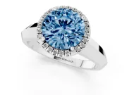 Fancy Blue Round Cut Diamond Halo Ring Set in Silver with Cathedral Band and Prong Setting