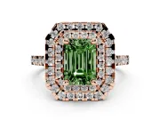 Fancy Green Emerald Cut Diamond Double Halo Statement Ring Set in Rose gold with Pavé Band