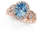 Fancy Blue Oval Cut Diamond Halo Ring Set in Rose gold with Milgrain Pavé Band and Prong Setting