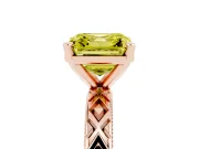 Fancy Yellow Asscher Cut Diamond Solitaire Ring Set in Rose gold with Milgrain and Black Enamel X Pattern Band