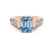 Fancy Blue Emerald Cut Diamond Classic Solitaire Ring Set in Rose gold with Pavé Band and Prong Setting