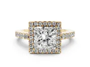 Princess Cut Diamond Halo Pavé Solitaire Ring Set in Yellow gold with Prong-Set Center Stone