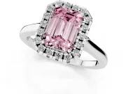 Fancy Pink Emerald Cut Halo Round Diamond Solitaire Ring Set in White gold with Pavé Band and Prong Setting