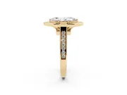 Marquise Cut Diamond Halo Solitaire Ring Set in Yellow gold with Pavé Band and Bezel Setting