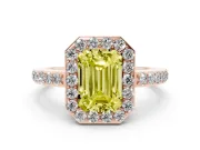 Fancy Yellow Emerald Cut Diamond Halo Ring Set in Rose gold with Pavé-Setting Band and Open Prong Center