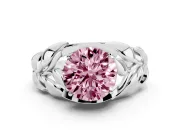 Fancy Pink Round Cut Diamond Leaf-Inspired Engagement Ring Set in White gold with Round Accents