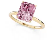 Fancy Pink Radiant Cut Diamond Solitaire Engagement Ring Set in Yellow gold with Thin Band and Prong Setting