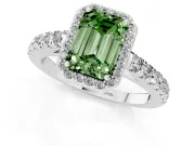 Fancy Green Emerald Cut Diamond Halo Engagement Ring Set in Silver with Pavé Band and Prong Setting