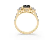 Fancy Black Cushion Cut Diamond Three-Stone Ring Set in Yellow gold with Pavé Band