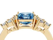 Fancy Blue Asscher Cut Diamond Solitaire Ring Set in Yellow gold with Cluster Accents on Each Side