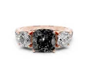 Cushion Cut Three Stone Engagement Ring Setting for a Black Center | Accented Shoulders | Rose Gold