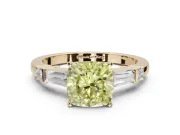 Cushion Cut Tapered Baguette Engagement Ring Setting for a Fancy Yellow Lab-Grown Diamond | Bar Set Sides | Yellow Gold